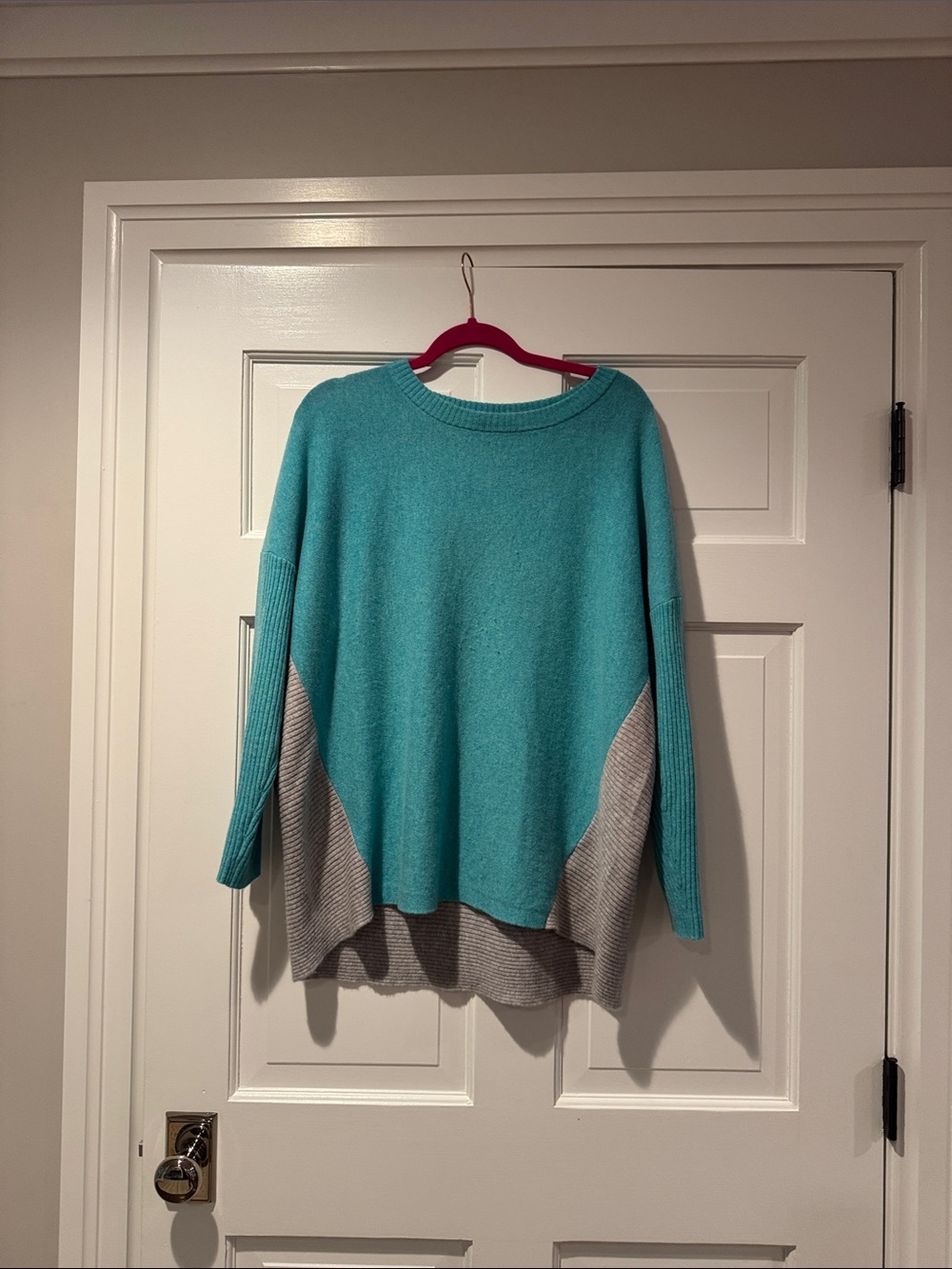 Magaschoni Teal and Gray Colorblock Crewneck Sweater